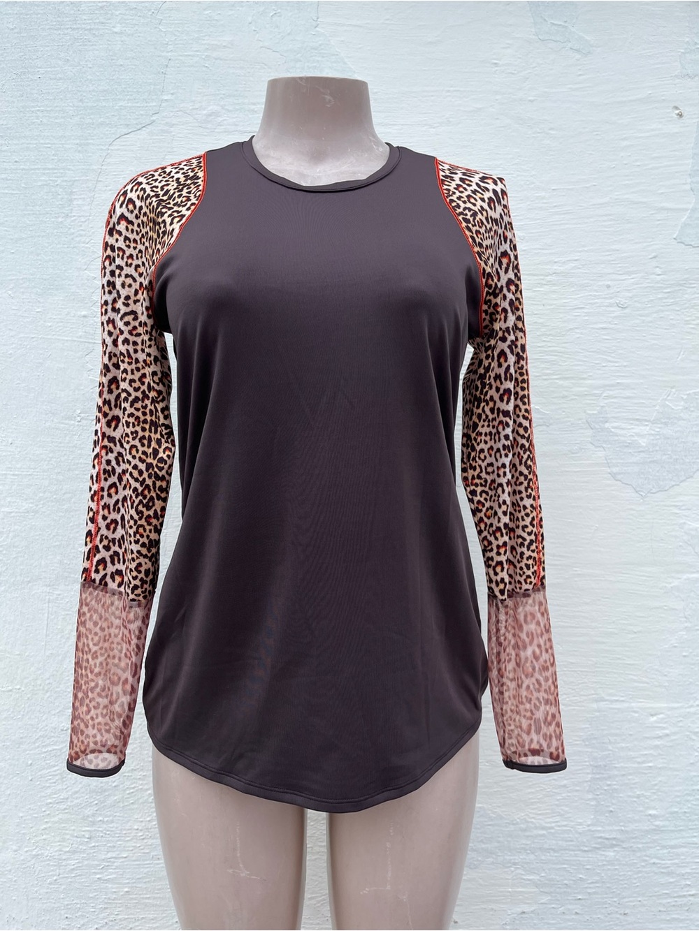 Lucky in Love Black Top with Leopard Print Mesh Sleeves